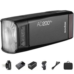 godox ad200pro pocket flash 2.4g ttl speedlite flash strobe 1/8000s hss monolight with 2900mah lithium battery 200ws and bare bulb flash head to cover 500 flashes and recycle in 0.01-1.8 sec