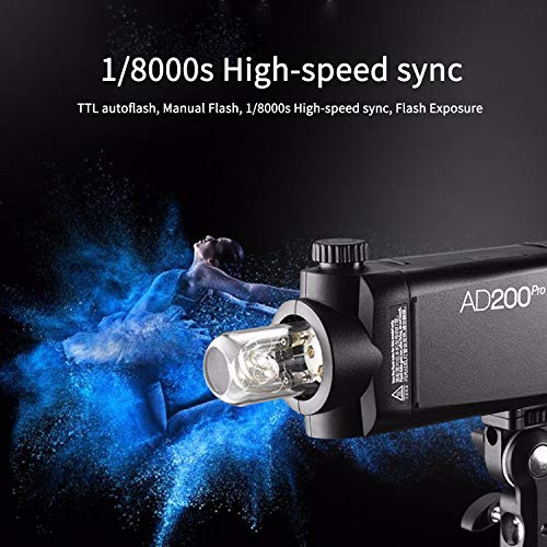 Godox AD200Pro Pocket Flash 2.4G TTL Speedlite Flash Strobe 1/8000s HSS Monolight with 2900mAh Lithium Battery 200WS and Bare Bulb Flash Head to Cover 500 Flashes and Recycle in 0.01-1.8 Sec