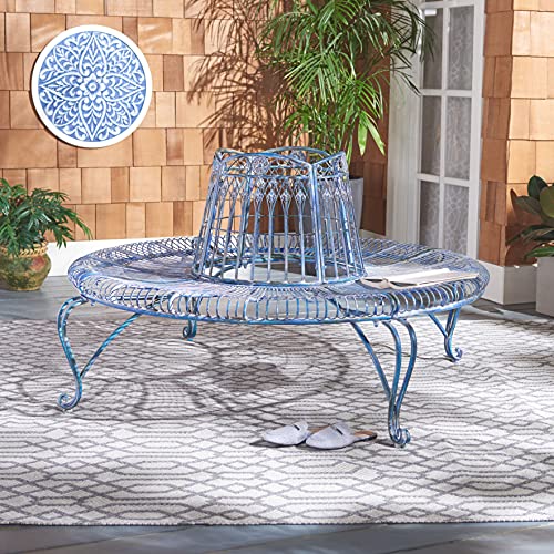 Safavieh PAT5019C Outdoor Collection Ally Darling Antique Wrought Iron 60-inch Round Tree Bench, Mossy Blue