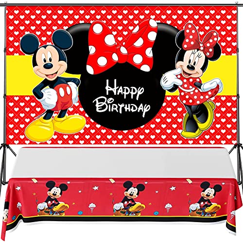 Mickey Minnie Mouse Themed Backdrop and Tablecloth Party Supplies Disney Cartoon Colorful Dots Photography Background Happy Birthday Banner Decorations