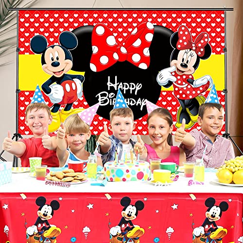Mickey Minnie Mouse Themed Backdrop and Tablecloth Party Supplies Disney Cartoon Colorful Dots Photography Background Happy Birthday Banner Decorations
