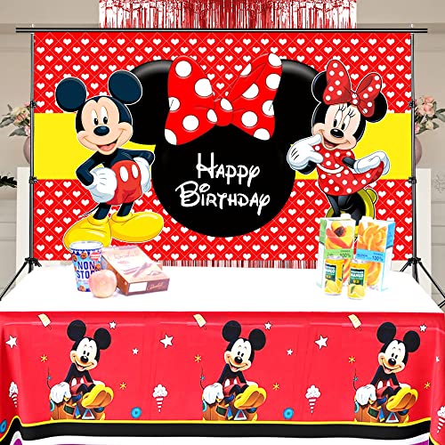 Mickey Minnie Mouse Themed Backdrop and Tablecloth Party Supplies Disney Cartoon Colorful Dots Photography Background Happy Birthday Banner Decorations