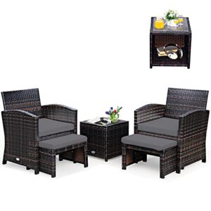 tangkula 5 pieces patio rattan furniture set, outdoor conversation set with cushioned chair & ottoman & tempered glass coffee table, all weather patio sofa sets for garden, backyard, poolside (grey)