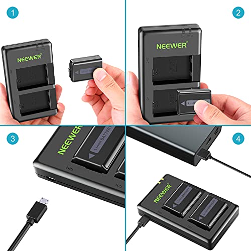 Neewer NP-FW50 Camera Battery Charger Set Compatible with Sony ZV-E10, A7, A7R, A7RII, A7II, A7SII, A7S, a6300, a6400, a6500, RX10 Series(2-Pack, Micro USB Port, 1100mAh)