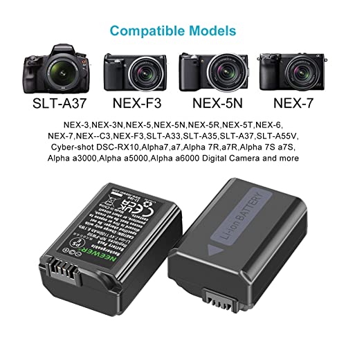 Neewer NP-FW50 Camera Battery Charger Set Compatible with Sony ZV-E10, A7, A7R, A7RII, A7II, A7SII, A7S, a6300, a6400, a6500, RX10 Series(2-Pack, Micro USB Port, 1100mAh)