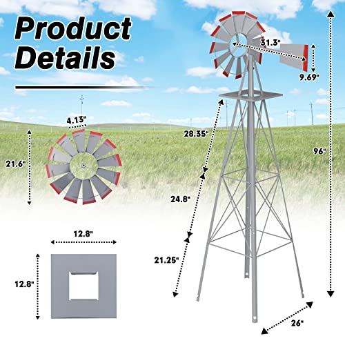 Betterland 8FT Metal Windmill Ornamental Spinner Backyard Garden Decoration Weather Vane for Yard Weather Resistant (Grey)