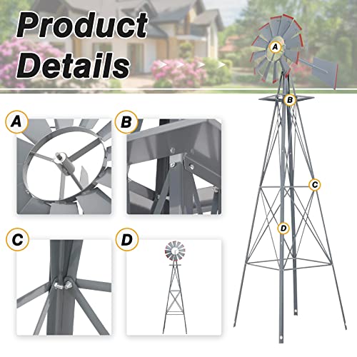 Betterland 8FT Metal Windmill Ornamental Spinner Backyard Garden Decoration Weather Vane for Yard Weather Resistant (Grey)