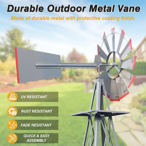 Betterland 8FT Metal Windmill Ornamental Spinner Backyard Garden Decoration Weather Vane for Yard Weather Resistant (Grey)