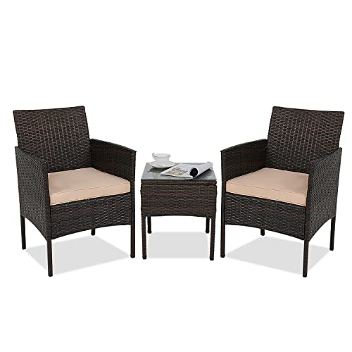 ABCCANOPY 3 Pieces Patio Furniture Set,Rattan Wicker Conversation Set with Coffee Table,Chairs Set with Seat Cushions Patio Conversation Set for Garden