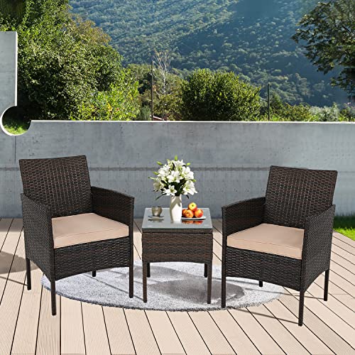 ABCCANOPY 3 Pieces Patio Furniture Set,Rattan Wicker Conversation Set with Coffee Table,Chairs Set with Seat Cushions Patio Conversation Set for Garden