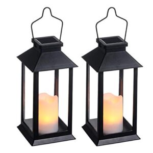 tomshine 2 pack solar lanterns, outdoor garden hanging lanterns, 11.8 inch led flickering flameless candle mission lights for yard, table, patio(black)