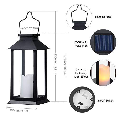 Tomshine 2 Pack Solar Lanterns, Outdoor Garden Hanging Lanterns, 11.8 Inch LED Flickering Flameless Candle Mission Lights for Yard, Table, Patio(Black)