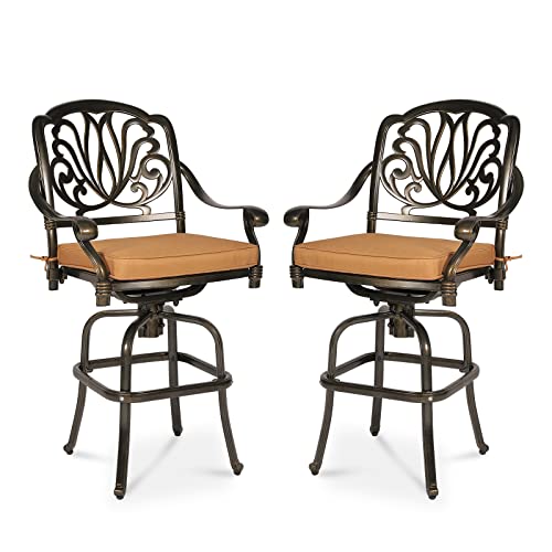 MEETWARM 2 Piece Outdoor Patio Swivel Bar Stools, All-Weather Cast Aluminum Bar Height Bistro Chairs, Outdoor Furniture Bar Dining Chair Set with Cushions for Garden Deck Backyard, Dark Bronze