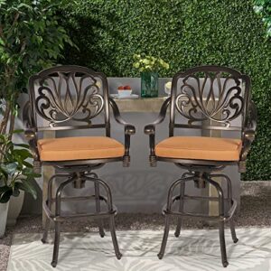 MEETWARM 2 Piece Outdoor Patio Swivel Bar Stools, All-Weather Cast Aluminum Bar Height Bistro Chairs, Outdoor Furniture Bar Dining Chair Set with Cushions for Garden Deck Backyard, Dark Bronze