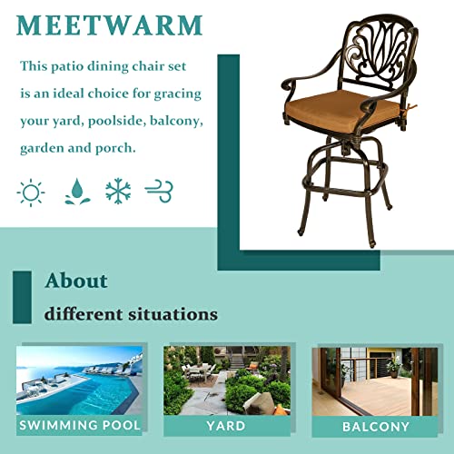 MEETWARM 2 Piece Outdoor Patio Swivel Bar Stools, All-Weather Cast Aluminum Bar Height Bistro Chairs, Outdoor Furniture Bar Dining Chair Set with Cushions for Garden Deck Backyard, Dark Bronze