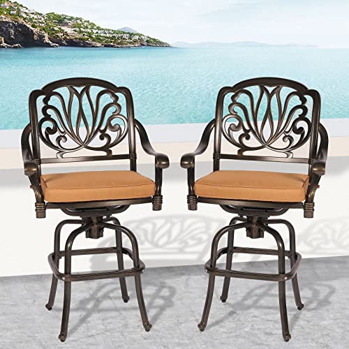 MEETWARM 2 Piece Outdoor Patio Swivel Bar Stools, All-Weather Cast Aluminum Bar Height Bistro Chairs, Outdoor Furniture Bar Dining Chair Set with Cushions for Garden Deck Backyard, Dark Bronze