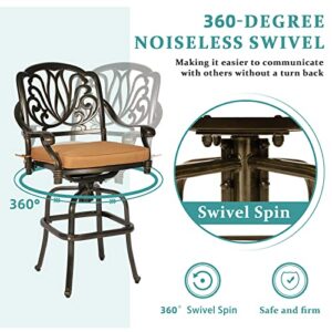 MEETWARM 2 Piece Outdoor Patio Swivel Bar Stools, All-Weather Cast Aluminum Bar Height Bistro Chairs, Outdoor Furniture Bar Dining Chair Set with Cushions for Garden Deck Backyard, Dark Bronze