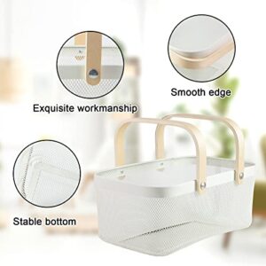 MACOIOR Portable Garden Basket-Mesh Design Natural Bamboo Handle Wire Storage Baskets,Mesh Basket with Handle Organize Items Reduce Space Occupation,Suitable for Kitchen,Garden,Picnic(White)