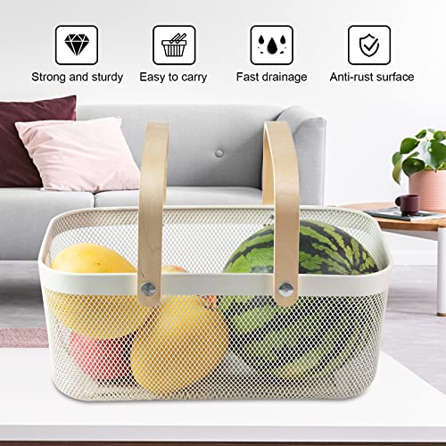 MACOIOR Portable Garden Basket-Mesh Design Natural Bamboo Handle Wire Storage Baskets,Mesh Basket with Handle Organize Items Reduce Space Occupation,Suitable for Kitchen,Garden,Picnic(White)