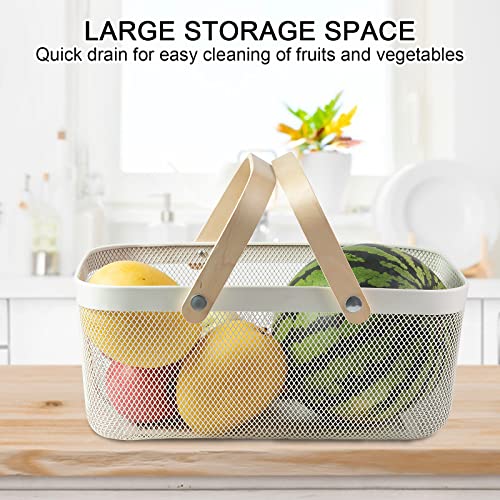 MACOIOR Portable Garden Basket-Mesh Design Natural Bamboo Handle Wire Storage Baskets,Mesh Basket with Handle Organize Items Reduce Space Occupation,Suitable for Kitchen,Garden,Picnic(White)