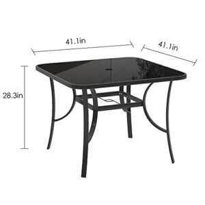 soges Outdoor Patio Table, Outdoor Square Tempered Glass Table, All Weather Outside Table, Dining Table with Umbrella Hole for Camping, Garden, Lawn