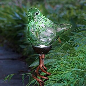 Exhart Garden Solar Lights, Decorative LED Bird Garden Stake, Hand Blown Glass and Metal Outdoor Decoration, Green, 5.5 x 31 Inch