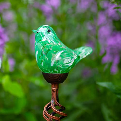 Exhart Garden Solar Lights, Decorative LED Bird Garden Stake, Hand Blown Glass and Metal Outdoor Decoration, Green, 5.5 x 31 Inch