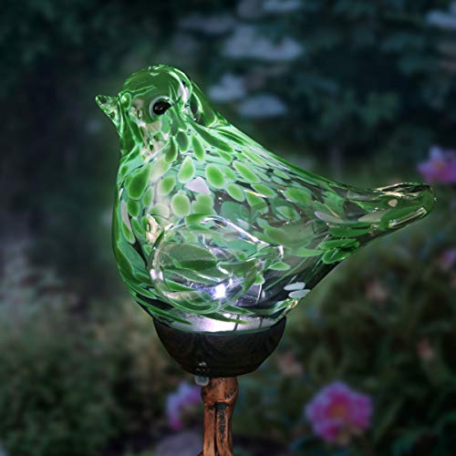 Exhart Garden Solar Lights, Decorative LED Bird Garden Stake, Hand Blown Glass and Metal Outdoor Decoration, Green, 5.5 x 31 Inch