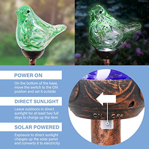 Exhart Garden Solar Lights, Decorative LED Bird Garden Stake, Hand Blown Glass and Metal Outdoor Decoration, Green, 5.5 x 31 Inch