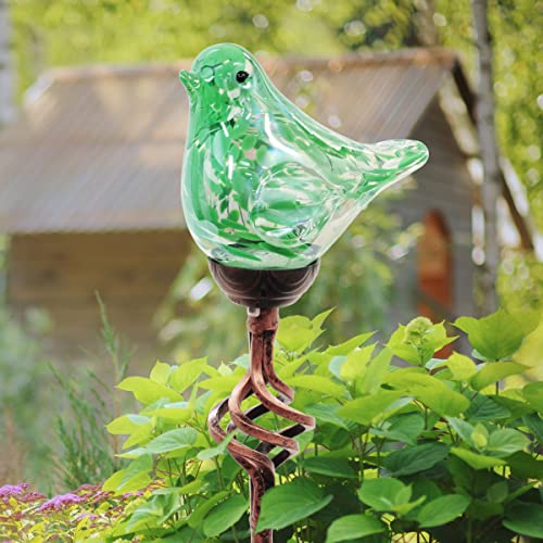 Exhart Garden Solar Lights, Decorative LED Bird Garden Stake, Hand Blown Glass and Metal Outdoor Decoration, Green, 5.5 x 31 Inch