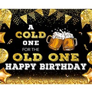 Allenjoy 70.8" x 43.3" Happy Birthday Backdrop for Men A Cold One for The Old One Black and Gold Photography Background 30th 40th 50th Bday Beer Party Decoration Banner Supplies Photo Booth Props