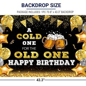 Allenjoy 70.8" x 43.3" Happy Birthday Backdrop for Men A Cold One for The Old One Black and Gold Photography Background 30th 40th 50th Bday Beer Party Decoration Banner Supplies Photo Booth Props