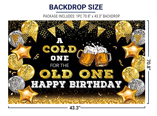 Allenjoy 70.8" x 43.3" Happy Birthday Backdrop for Men A Cold One for The Old One Black and Gold Photography Background 30th 40th 50th Bday Beer Party Decoration Banner Supplies Photo Booth Props