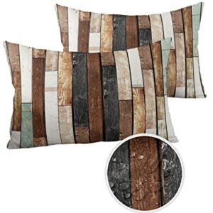 Waterproof Outdoor Throw Pillow Cover Farmhouse Rustic Wood Lumbar Pillowcases Set of 2 Brow Grunge Planks Barn Hardwood Decorative Patio Furniture Pillows for Couch Garden 20 x 12 Inches