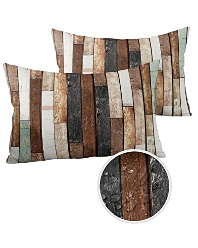 Waterproof Outdoor Throw Pillow Cover Farmhouse Rustic Wood Lumbar Pillowcases Set of 2 Brow Grunge Planks Barn Hardwood Decorative Patio Furniture Pillows for Couch Garden 20 x 12 Inches