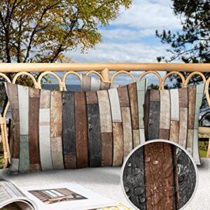 Waterproof Outdoor Throw Pillow Cover Farmhouse Rustic Wood Lumbar Pillowcases Set of 2 Brow Grunge Planks Barn Hardwood Decorative Patio Furniture Pillows for Couch Garden 20 x 12 Inches