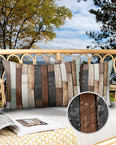 Waterproof Outdoor Throw Pillow Cover Farmhouse Rustic Wood Lumbar Pillowcases Set of 2 Brow Grunge Planks Barn Hardwood Decorative Patio Furniture Pillows for Couch Garden 20 x 12 Inches