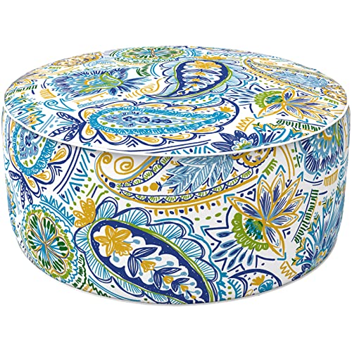 LVTXIII Indoor/Outdoor Inflatable Ottoman, All Weather Round Footrest Stool D21”x H9”, Portable for Patio Garden Camping or Home-Paisley Blue