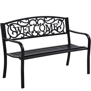 2 person outdoor bench metal entryway bench garden patio bench with warm welcome pattern backrest and elegant flower finish porch bench for yard lawn work entryway deck patio furniture bench black