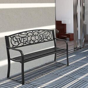2 Person Outdoor Bench Metal Entryway Bench Garden Patio Bench with Warm Welcome Pattern Backrest and Elegant Flower Finish Porch Bench for Yard Lawn Work Entryway Deck Patio Furniture Bench Black