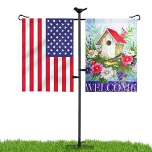 upgraded 47 inch garden flag stand holder pole for double flags with 5 prong bases and anti-wind clip for 12″ x 18″ yard flags décor, outdoor iron yard flag pole garden double flags holder