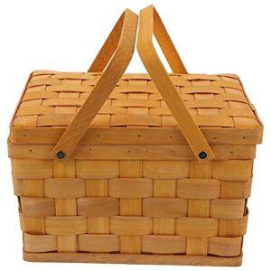 wicker picnic basket vintage woven straw storage basket wedding flower girl basket toy hamper with lid and handle for camping outdoor garden khaki