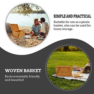 Wicker Picnic Basket Vintage Woven Straw Storage Basket Wedding Flower Girl Basket Toy Hamper with Lid and Handle for Camping Outdoor Garden Khaki