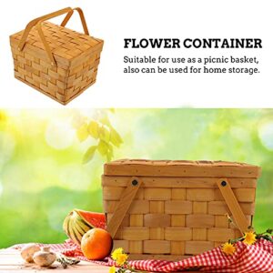 Wicker Picnic Basket Vintage Woven Straw Storage Basket Wedding Flower Girl Basket Toy Hamper with Lid and Handle for Camping Outdoor Garden Khaki