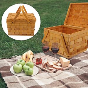 Wicker Picnic Basket Vintage Woven Straw Storage Basket Wedding Flower Girl Basket Toy Hamper with Lid and Handle for Camping Outdoor Garden Khaki