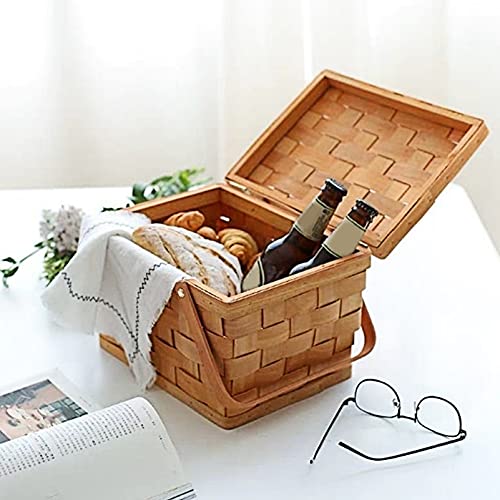 Wicker Picnic Basket Vintage Woven Straw Storage Basket Wedding Flower Girl Basket Toy Hamper with Lid and Handle for Camping Outdoor Garden Khaki