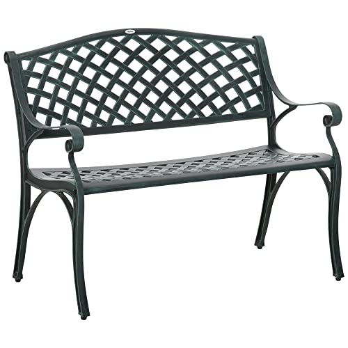 Outsunny Metal Garden Bench for Front Porch, Loveseat Like 2 Person, Armrests, Copper Color Cast Aluminum, Weaving Latticework Outdoor Furniture, Verdigris Green