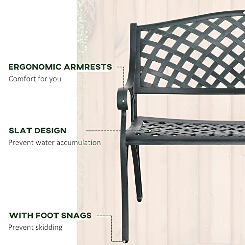 Outsunny Metal Garden Bench for Front Porch, Loveseat Like 2 Person, Armrests, Copper Color Cast Aluminum, Weaving Latticework Outdoor Furniture, Verdigris Green