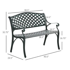 Outsunny Metal Garden Bench for Front Porch, Loveseat Like 2 Person, Armrests, Copper Color Cast Aluminum, Weaving Latticework Outdoor Furniture, Verdigris Green