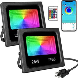 led flood lights rgbw color changing outdoor 200w equivalent,25w bluetooth smart floodlights rgbw app control, ip66 waterproof,16 million colors 20 modes for garden stage lighting (bright 25w*2)
